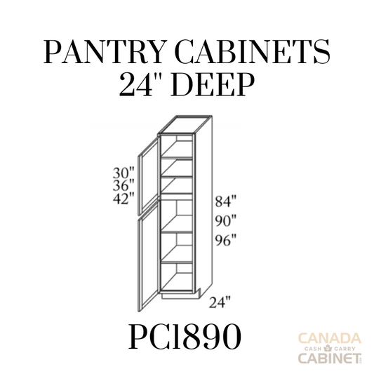 Pearl White Pantry Cabinet 18 inches wide 24 inches deep 90 inches tall with White box and Pearl White doors