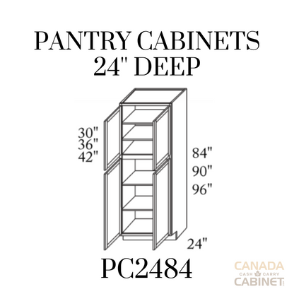 Pearl White Pantry Cabinet 24 inches wide 24 inches deep 84 inches tall with White box and Pearl White doors